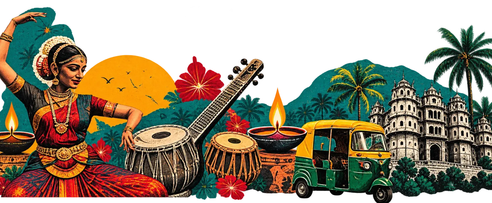Vintage collage of a Bharatanatyam dancer, a sitar, tabla, diyas, an auto-rickshaw and Indore's Rajwada palace among palms