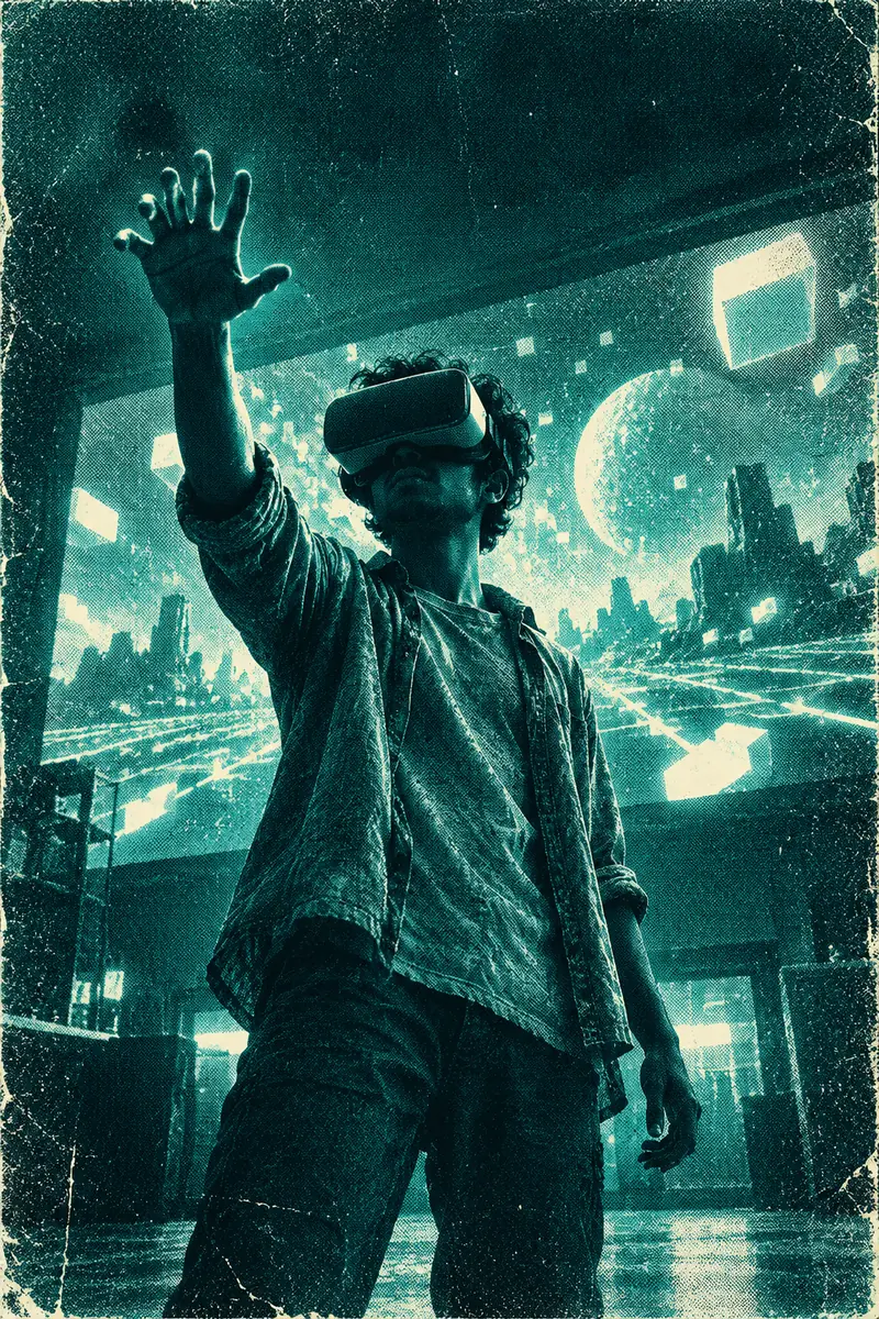 A student in a VR headset reaching into a virtual world